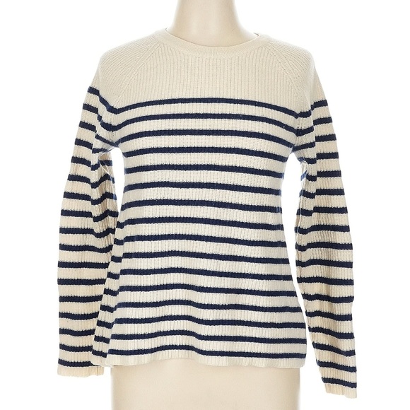 Madewell Sweaters - Madewell Cream Navy Striped Merino Wool Sweater Elbow Patches Size Large